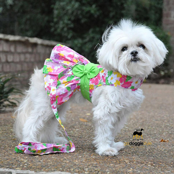 Pink Hawaiian Floral Dog Harness Dress with Matching Leash X-Large