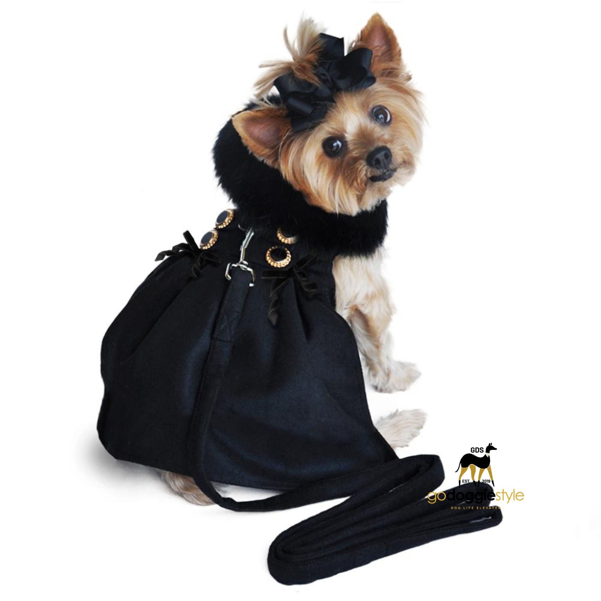 Wool Fur - Trimmed Dog Harness Coat - Black With Button Accents and Matching Leash - godoggiestyle