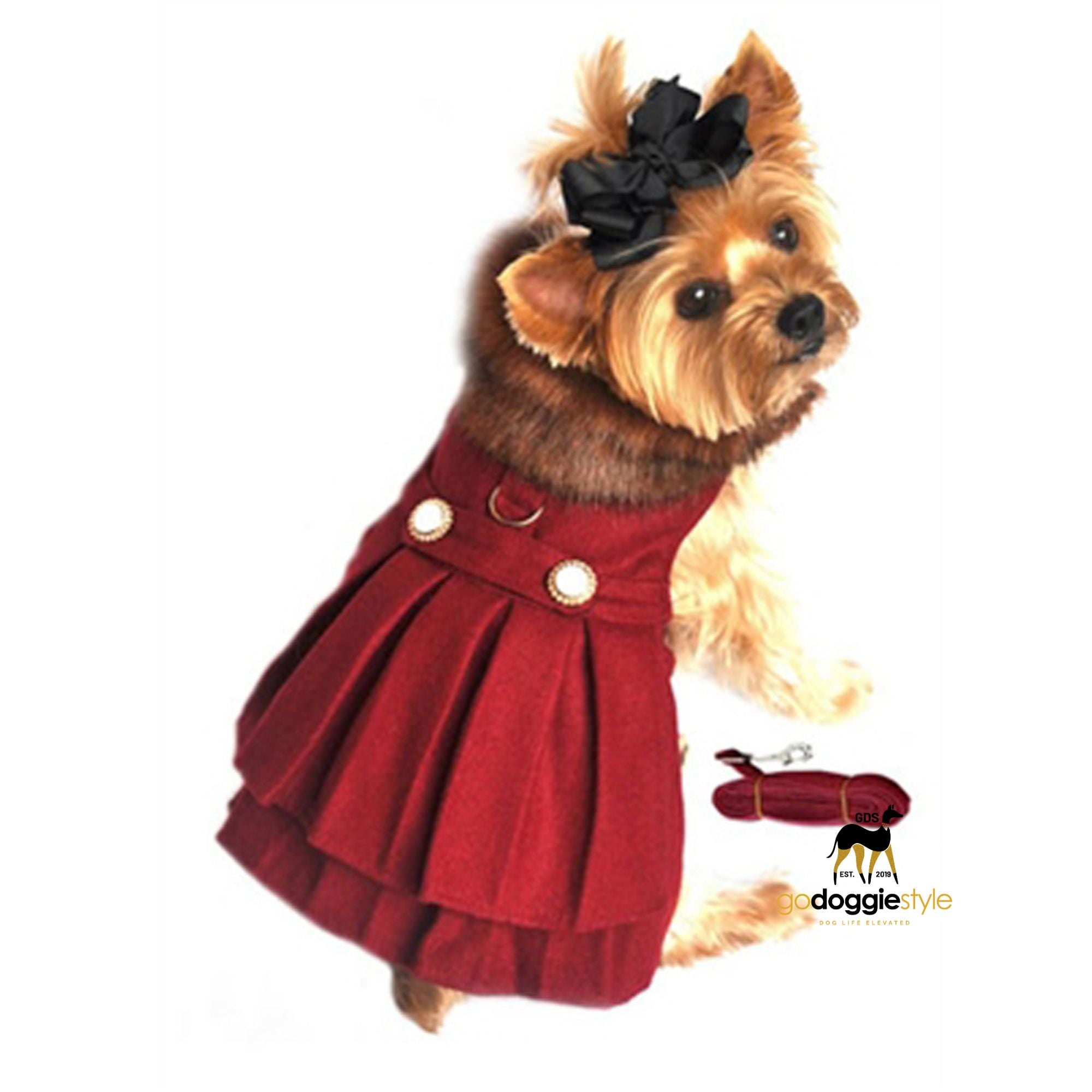 Wool Fur - Trimmed Dog Harness Coat - Burgundy With Button Accents - godoggiestyle