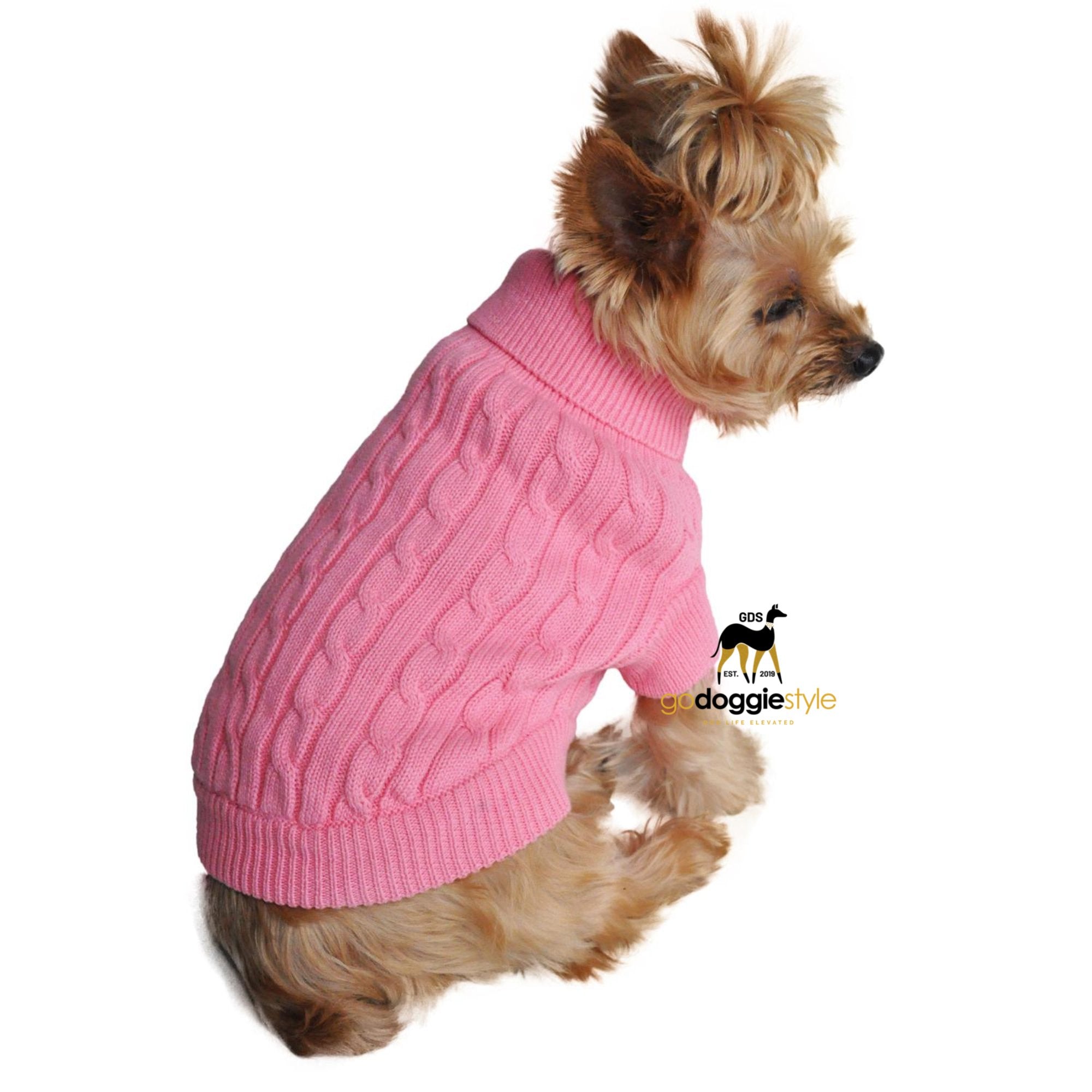 100% Combed Cotton Cable Knit Dog Sweater - Candy Pink - Fall Winter Top - Warm, Soft, Thick Dog Sweater Back - godoggiestyle