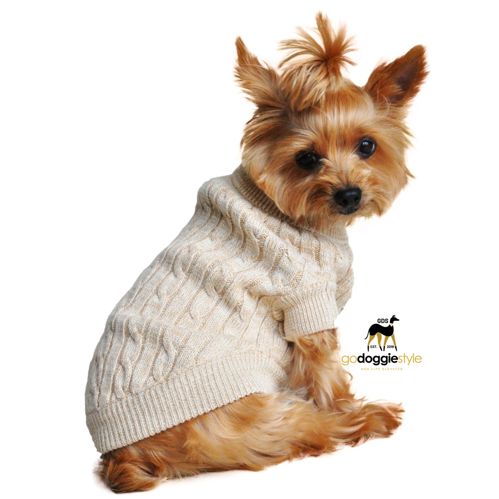 100% Combed Cotton Cable Knit Dog Sweater | Oatmeal |Sitting dog in Oatmeal cotton sweater | Size XXS to 3 XL | godoggiestyle
