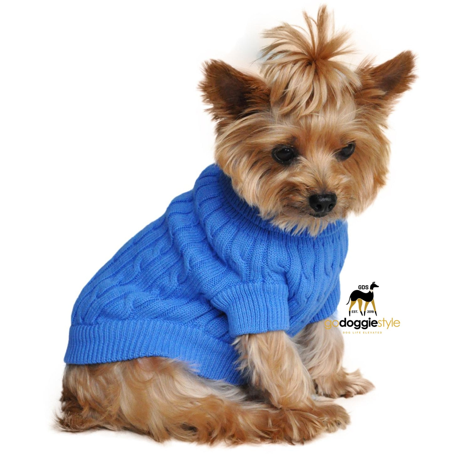 100% Combed Cotton Cable Knit Dog Sweater | blue | Sitting dog in blue cotton sweater | Size XXS to 3 XL | godoggiestyle