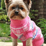 100% Combed Cotton Snowflake and Hearts Dog Sweater|pink |Sitting dog in pink cotton sweater |Size XXS to 3 XL| godoggiestyle