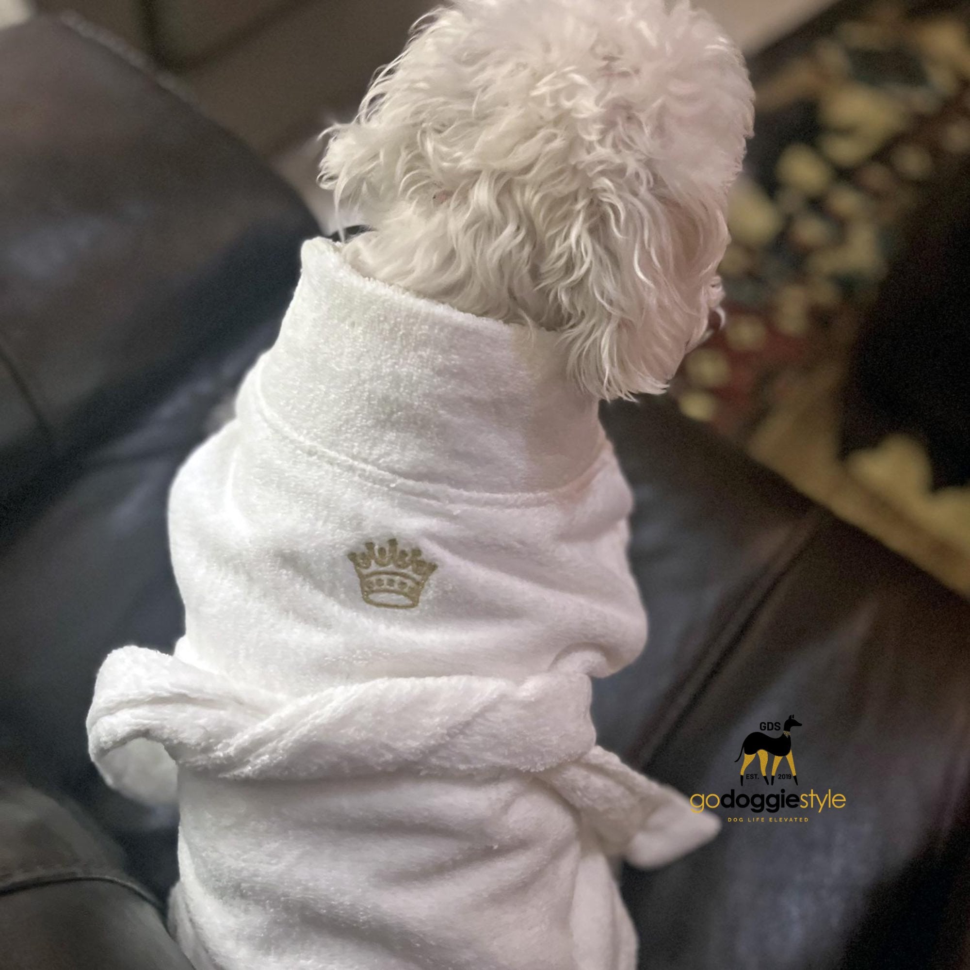 100% Combed Cotton Turkish  Terrycloth Unisex Dog Bathrobe | White & Gold Crown | Soft Super absorbent Robe | godoggiestyle