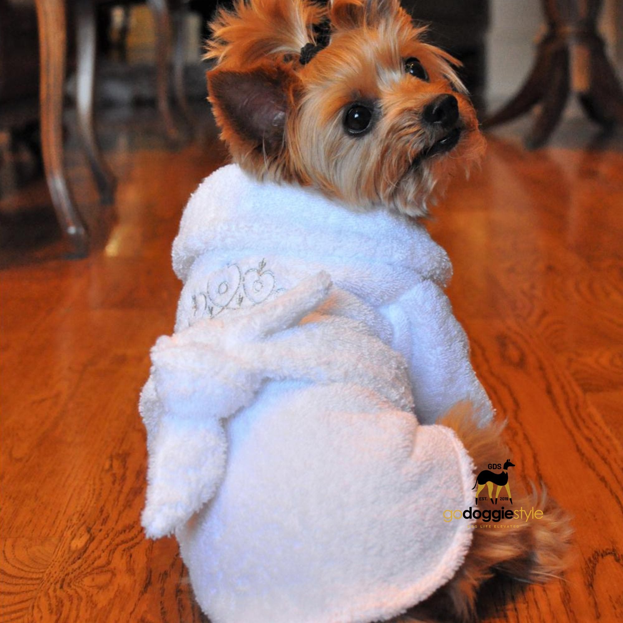 100% Combed Cotton Turkish Terrycloth Unisex Dog Bathrobe | White & Silver Tiara | Cozy Super absorbent Robe | godoggiestyle