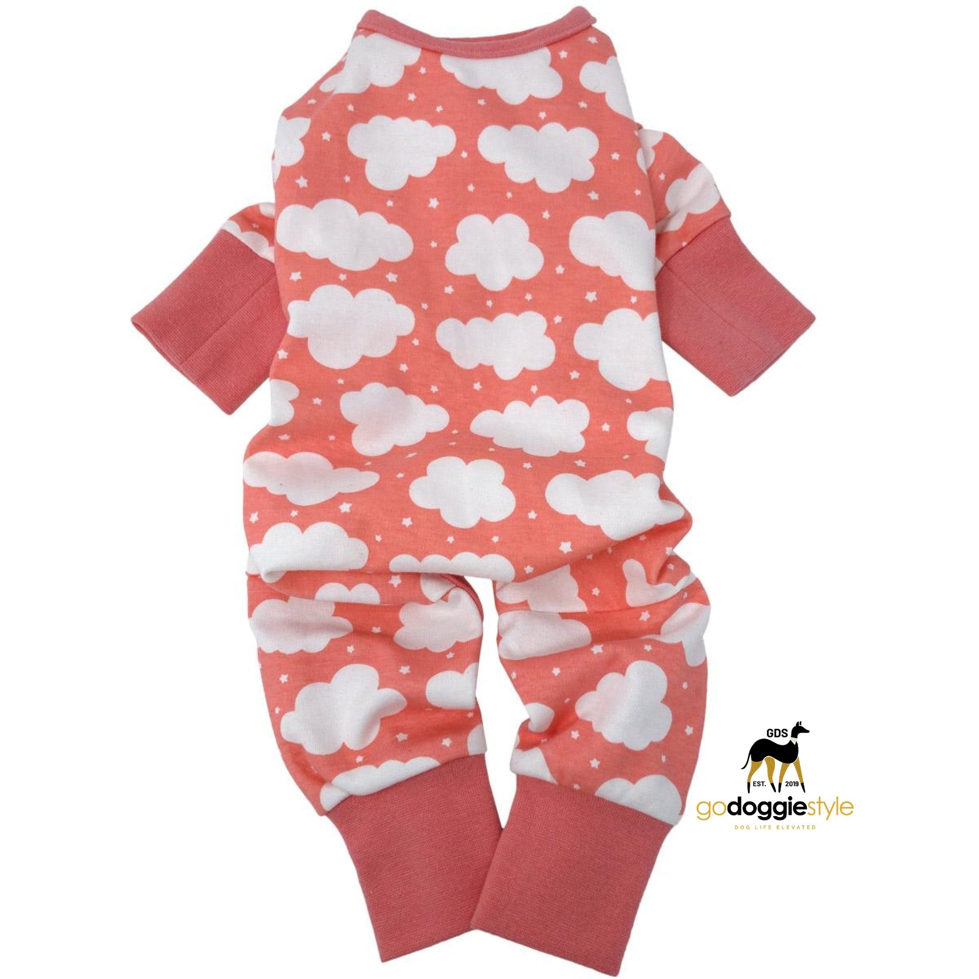 100% Cotton CuddlePup Dog Pajamas | Fluffy Clouds Coral | Soft Dog Sleep Wear | Warm Pajamas | Coral Pajama | godoggiestyle