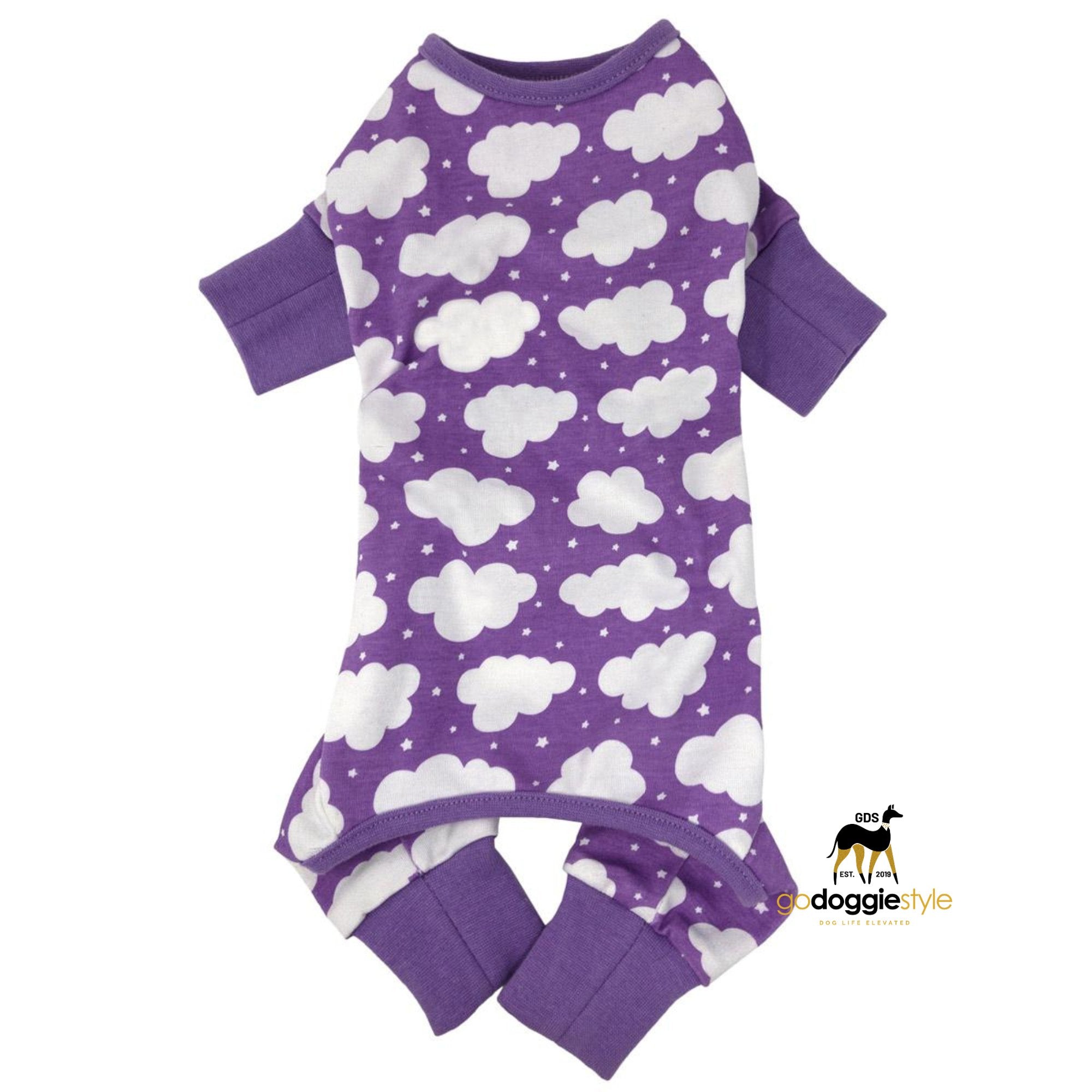 100% Cotton CuddlePup Dog Pajamas | Fluffy Clouds Purple | Soft Sleep Wear | Warm Dog Pajamas - Purple Pajama | godoggiestyle