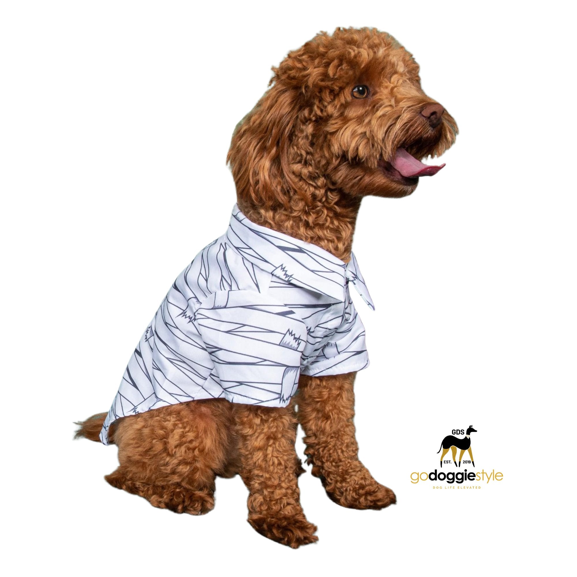 100% Cotton Halloween Camp Dog Shirt | Mummy | Halloween Shirt | Dog Wearing Mummy Costume With Leash Hole | godoggiestyle