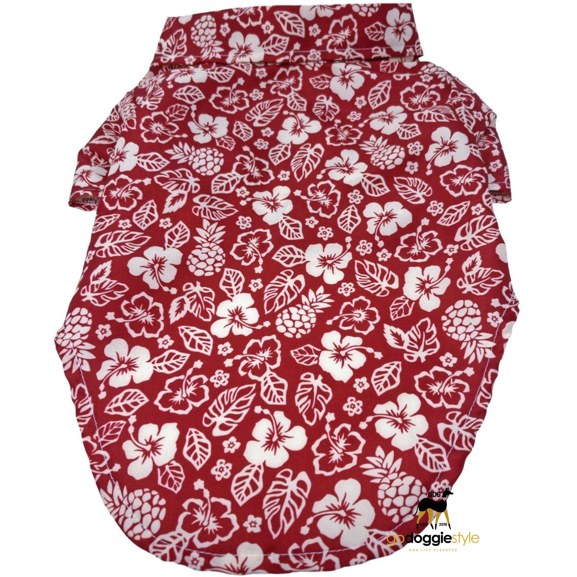 100% Cotton Hawaiian Camp Dog Shirt | Aloha Red | Spring Summer Dog Shirt | Flower Shirt With Leash Hole | godoggiestyle