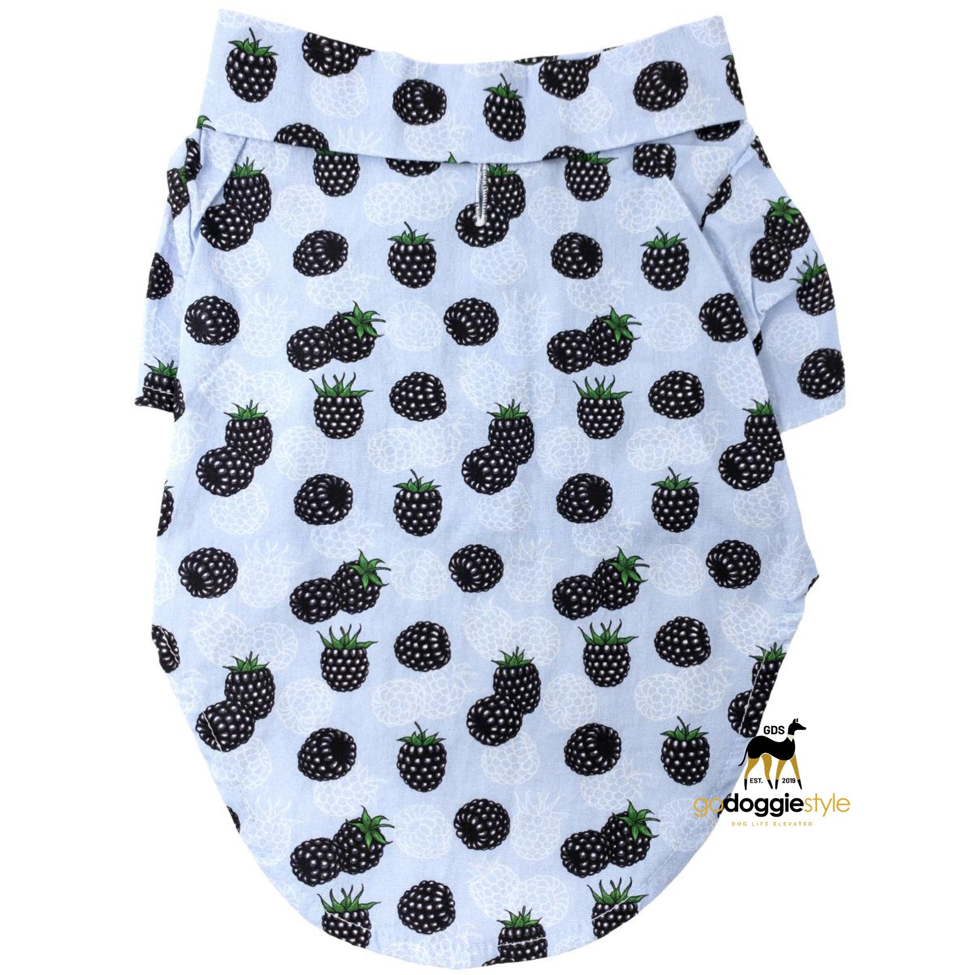 100% Cotton Hawaiian Camp Dog Shirt | Blackberries | Spring Summer | Fruit Vibes Dog Shirt With Leash Hole | godoggiestyle