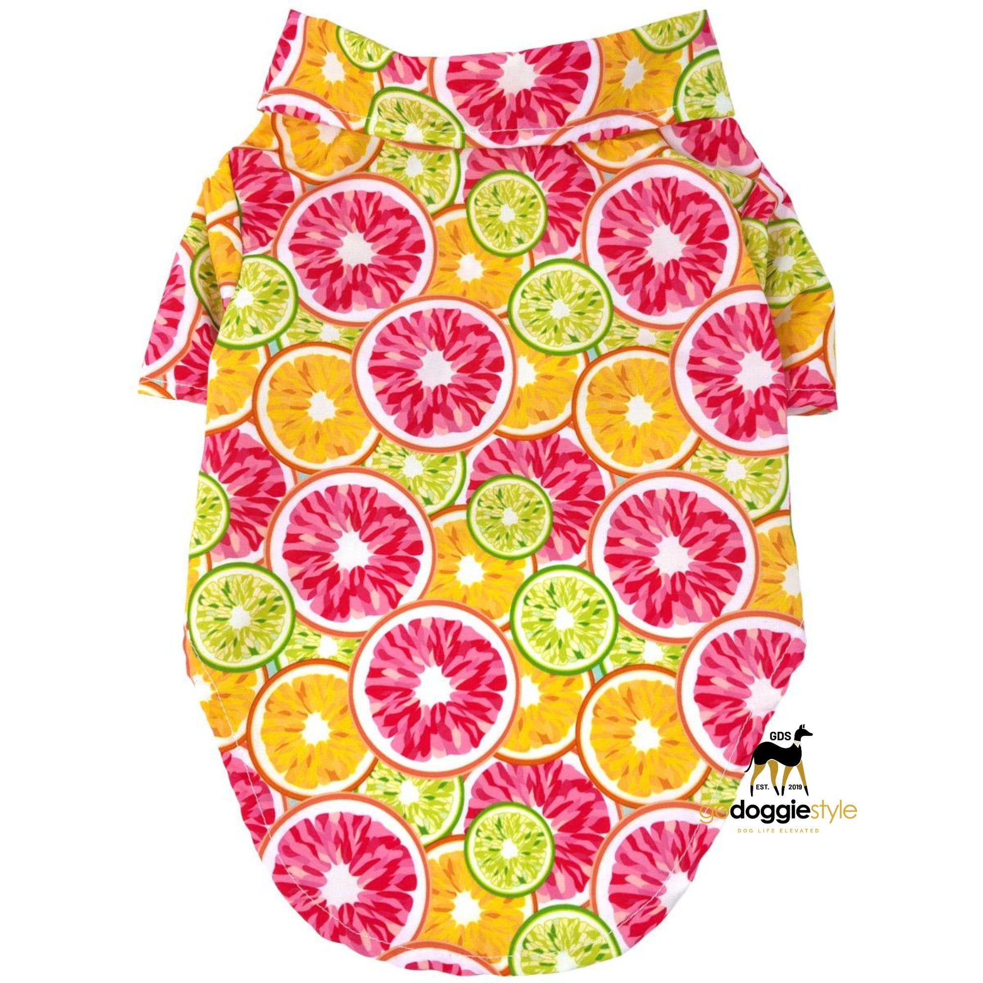 100% Cotton Hawaiian Camp Dog Shirt | Citrus Slice | Spring Summer Shirt | Fruit Vibes Dog Shirt & Leash Hole | godoggiestyle