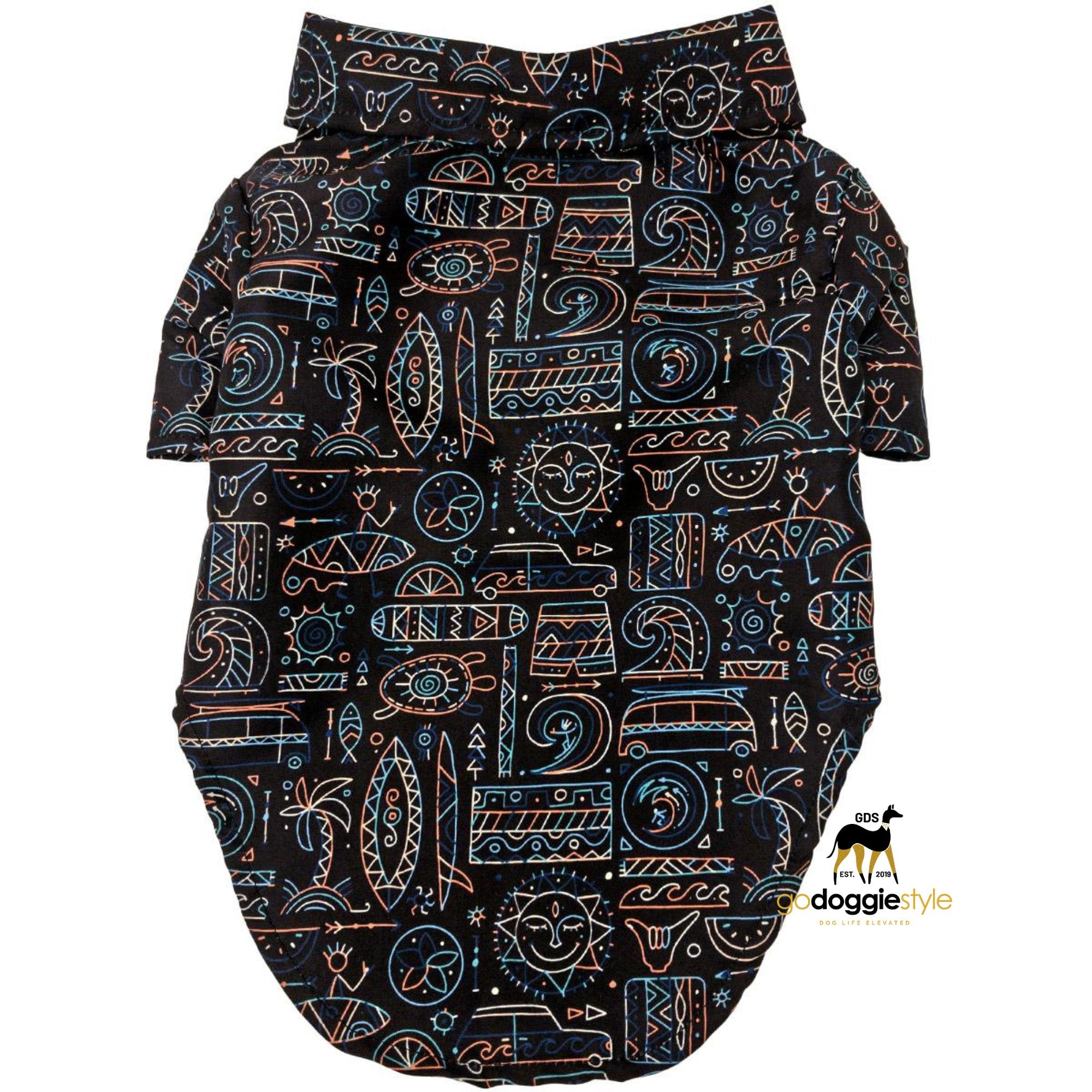 100% Cotton Hawaiian Camp Dog Shirt | Hang Ten | Spring Summer Dog Shirt | Hieroglyphics Shirt | godoggiestyle Backwards face