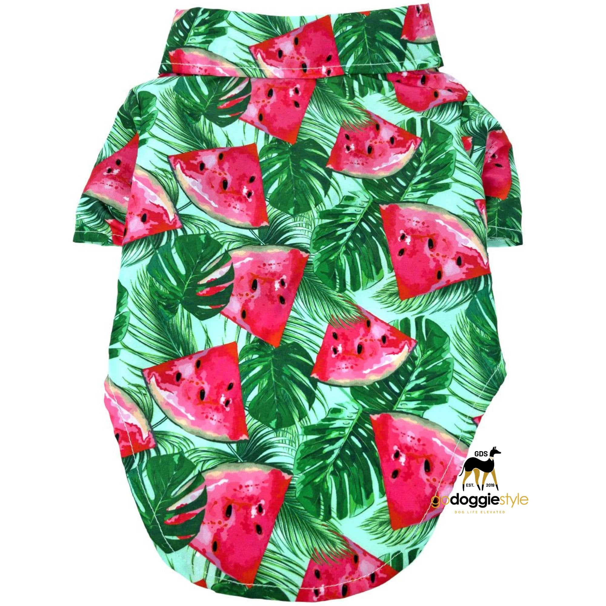 100% Cotton Hawaiian Camp Dog Shirt | Juicy Watermelon | Spring Summer Dog Shirt | Fruit Vibes Shirt | godoggiestyle Backward