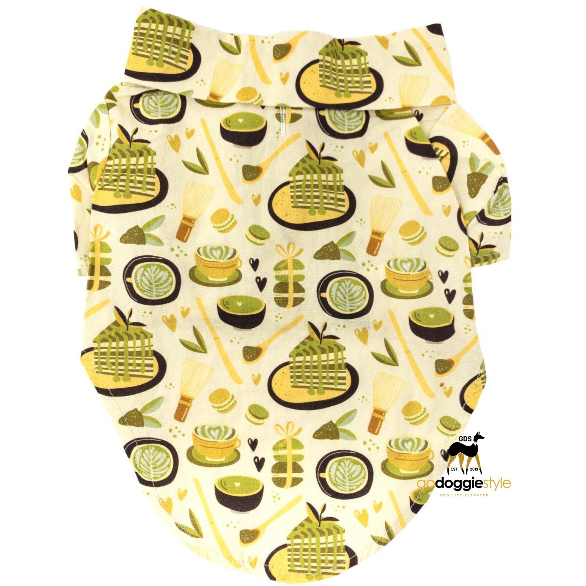 100% Cotton Hawaiian Camp Dog Shirt | Matcha Tea | Spring Summer Dog Shirt | Foodie Dog Shirt With Leash hole | godoggiestyle