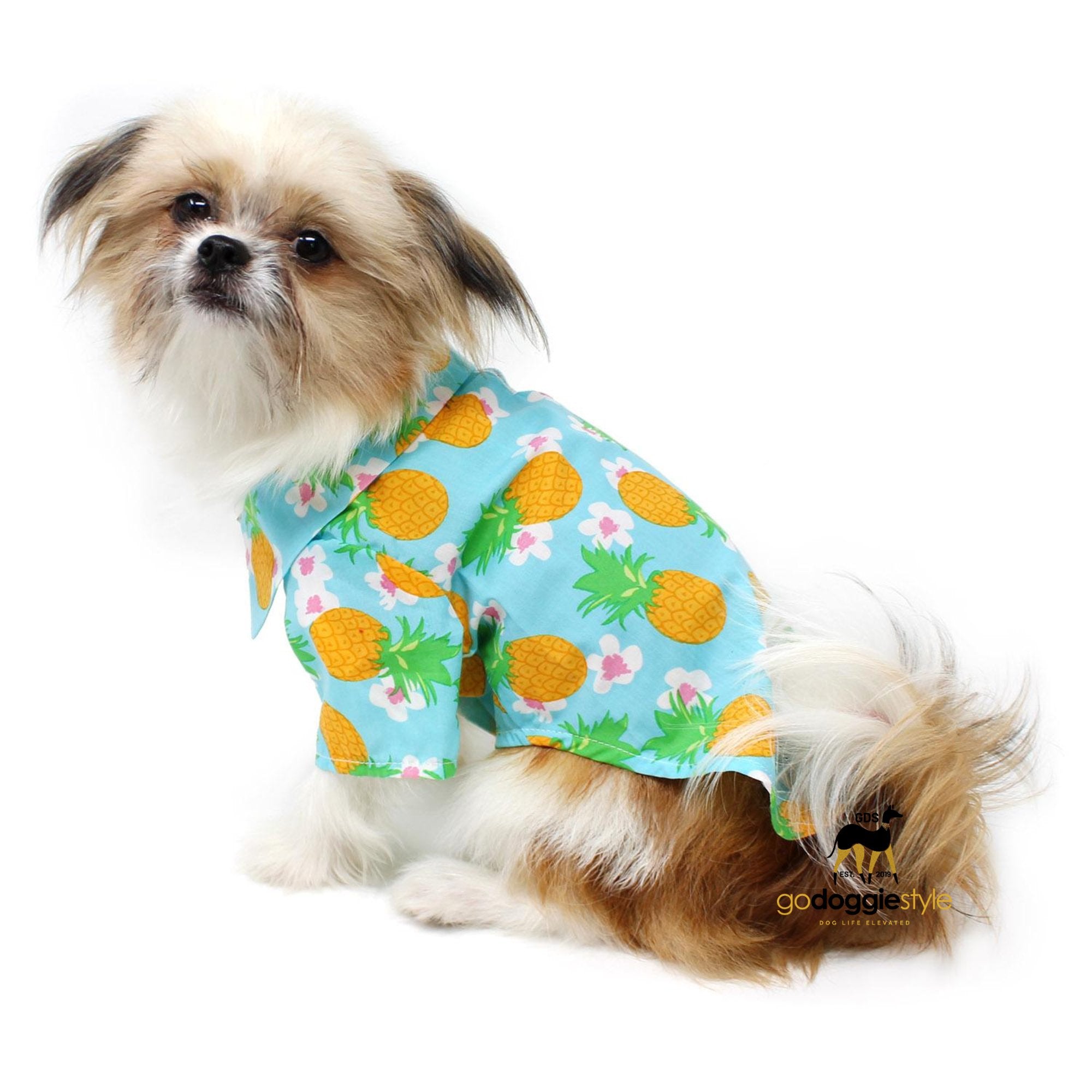 100% Cotton Hawaiian Camp Dog Shirt | Pineapple Luau | sitting dog in Spring Summer Shirt | Fruit Vibes shirt | godoggiestyle