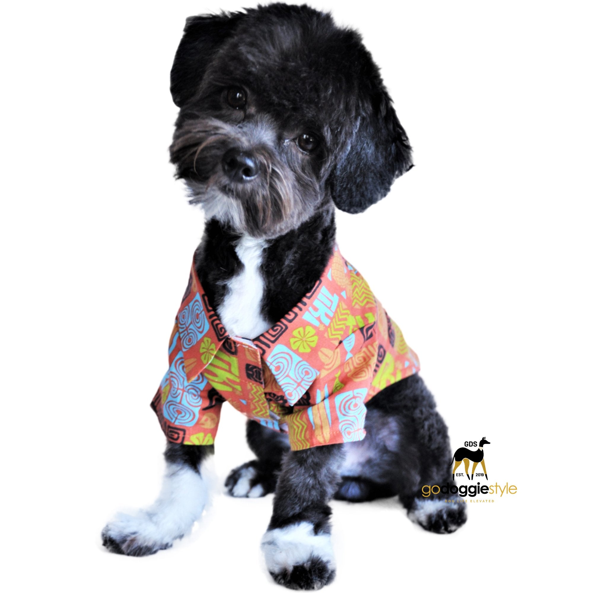 100% Cotton Hawaiian Camp Dog Shirt | Tiki  Spring Summer Dog Shirt - Hieroglyphics Dog Shirt & Leash Hole | godoggiestyle