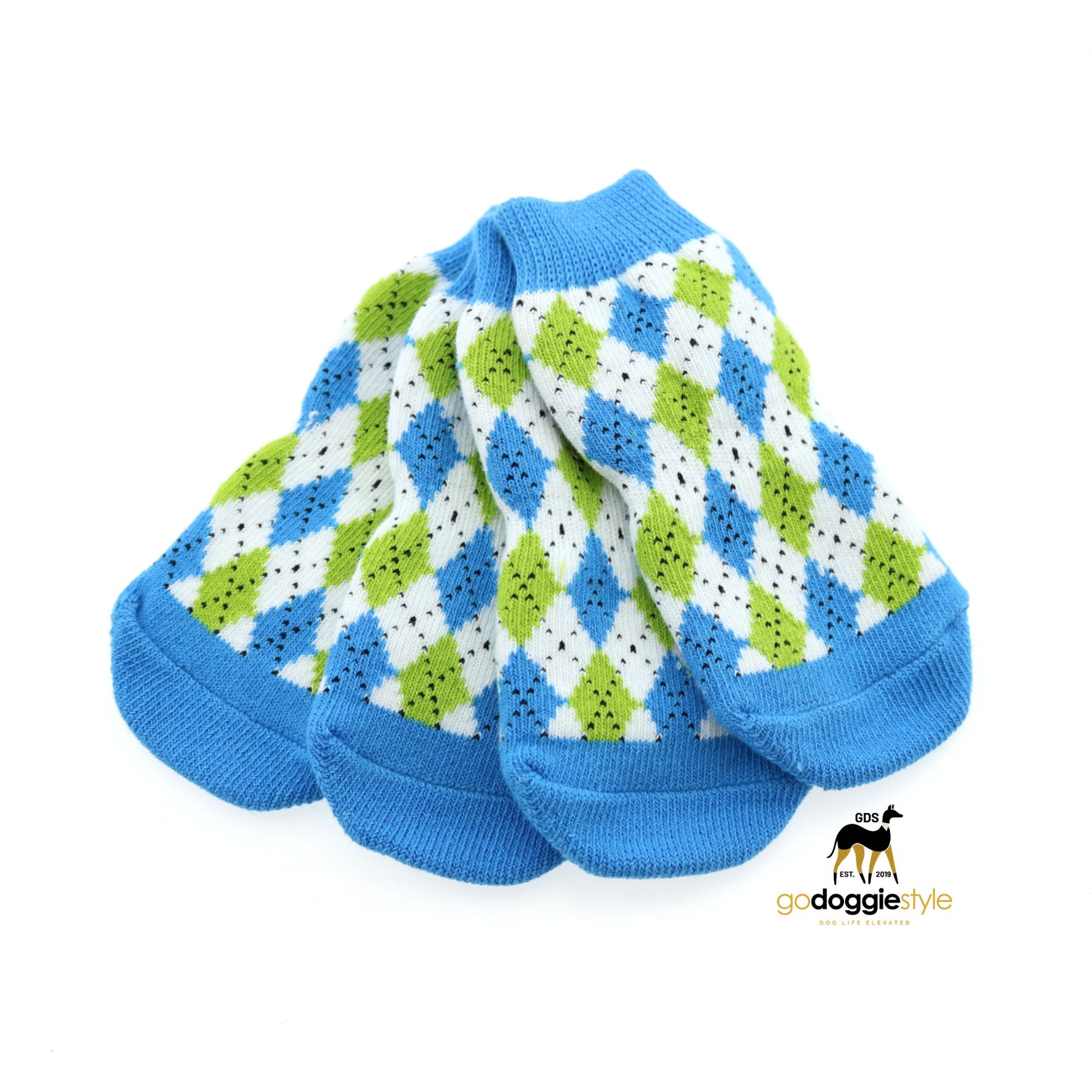 100% Cotton Non-Skid Dog Socks-Blue and Green Argyle-Protective Dog Socks-XS to XL-godoggiestyle