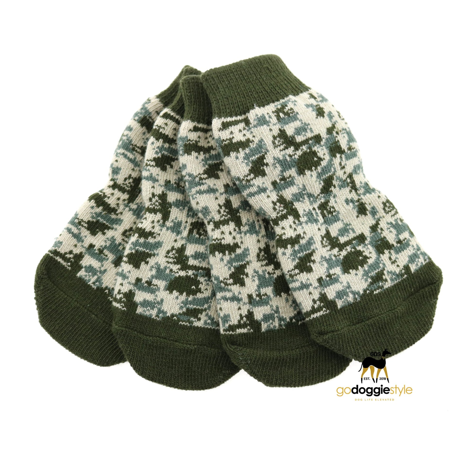 100% Cotton Non-Skid Dog Socks - Green Camo - Protective Dog Socks - XS to XL - godoggiestyle