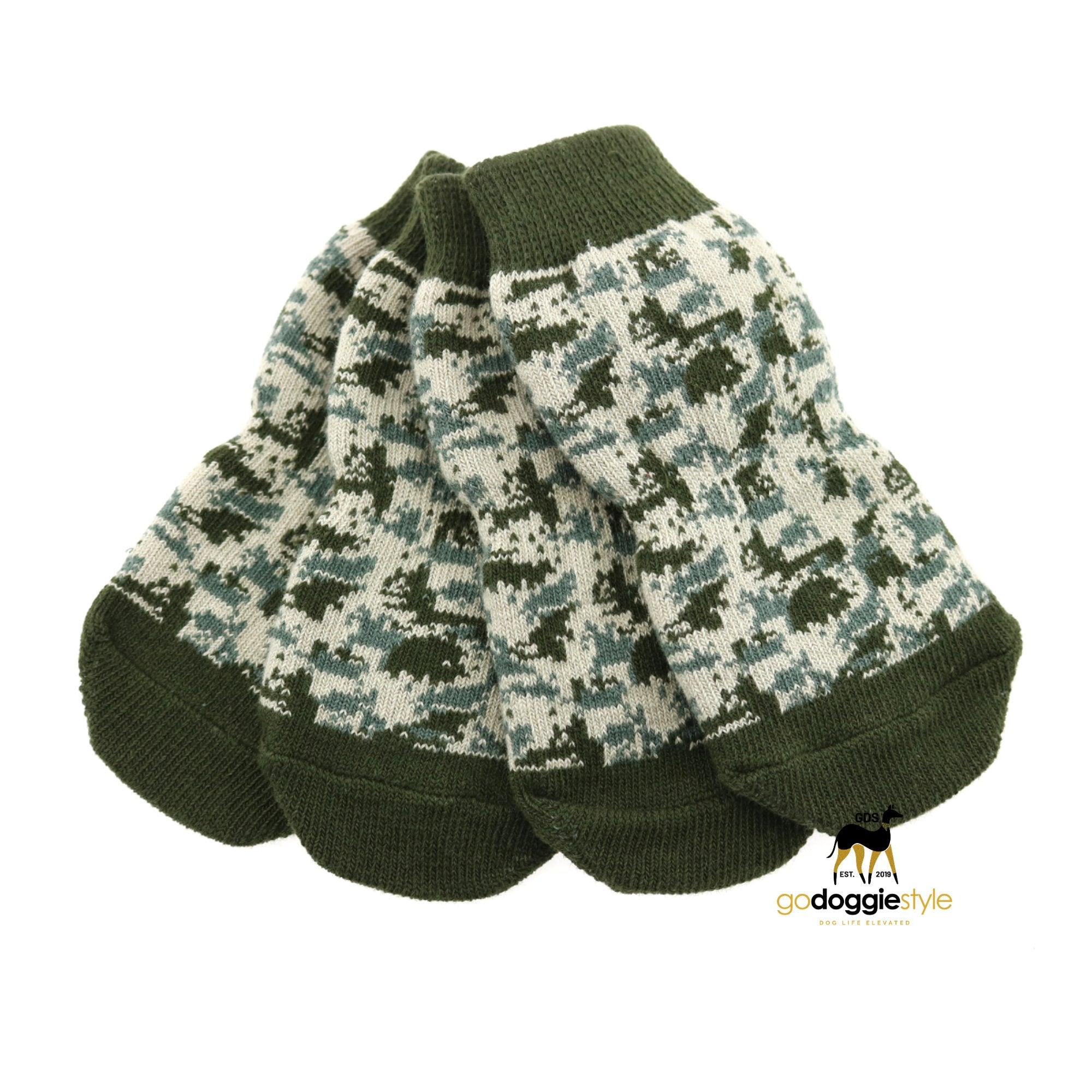 100% Cotton Non-Skid Dog Socks - Green Camo - Protective Dog Socks - XS to XL - godoggiestyle