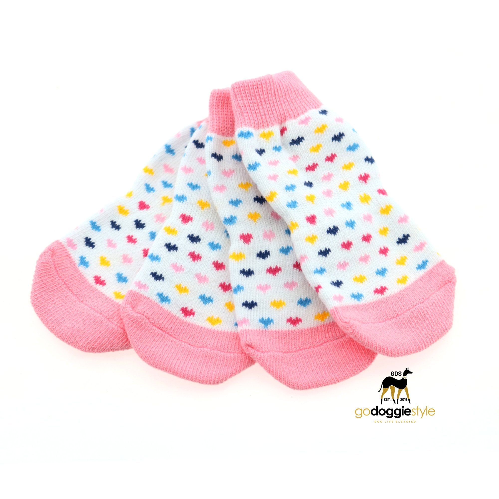 100% Cotton Non-Skid Dog Socks - Pink and White Hearts - Protective Dog Socks - XS to XL - godoggiestyle
