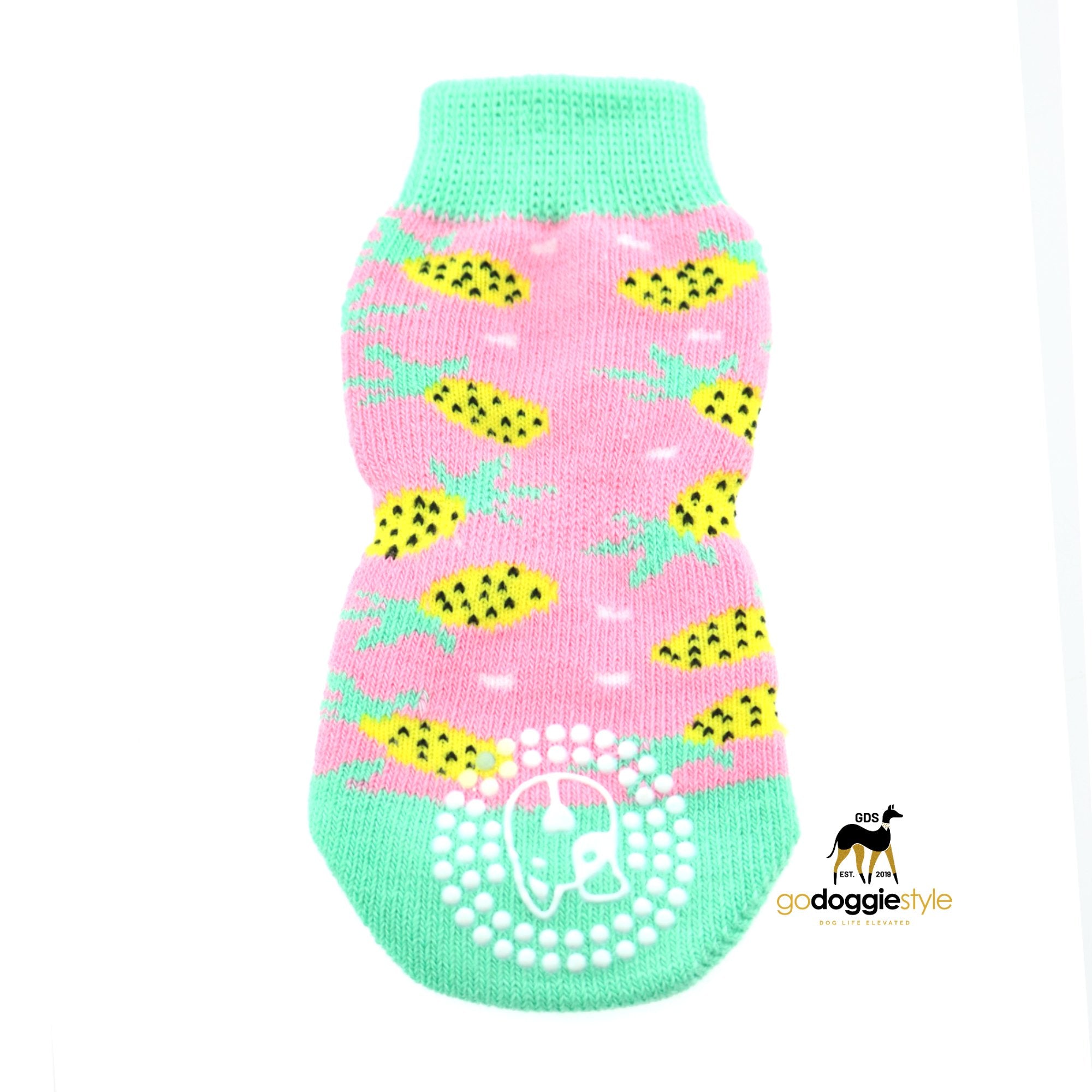100% Cotton Non-Skid Dog Socks - Pink Pineapple - Protective Dog Socks - XS to XL - godoggiestyle
