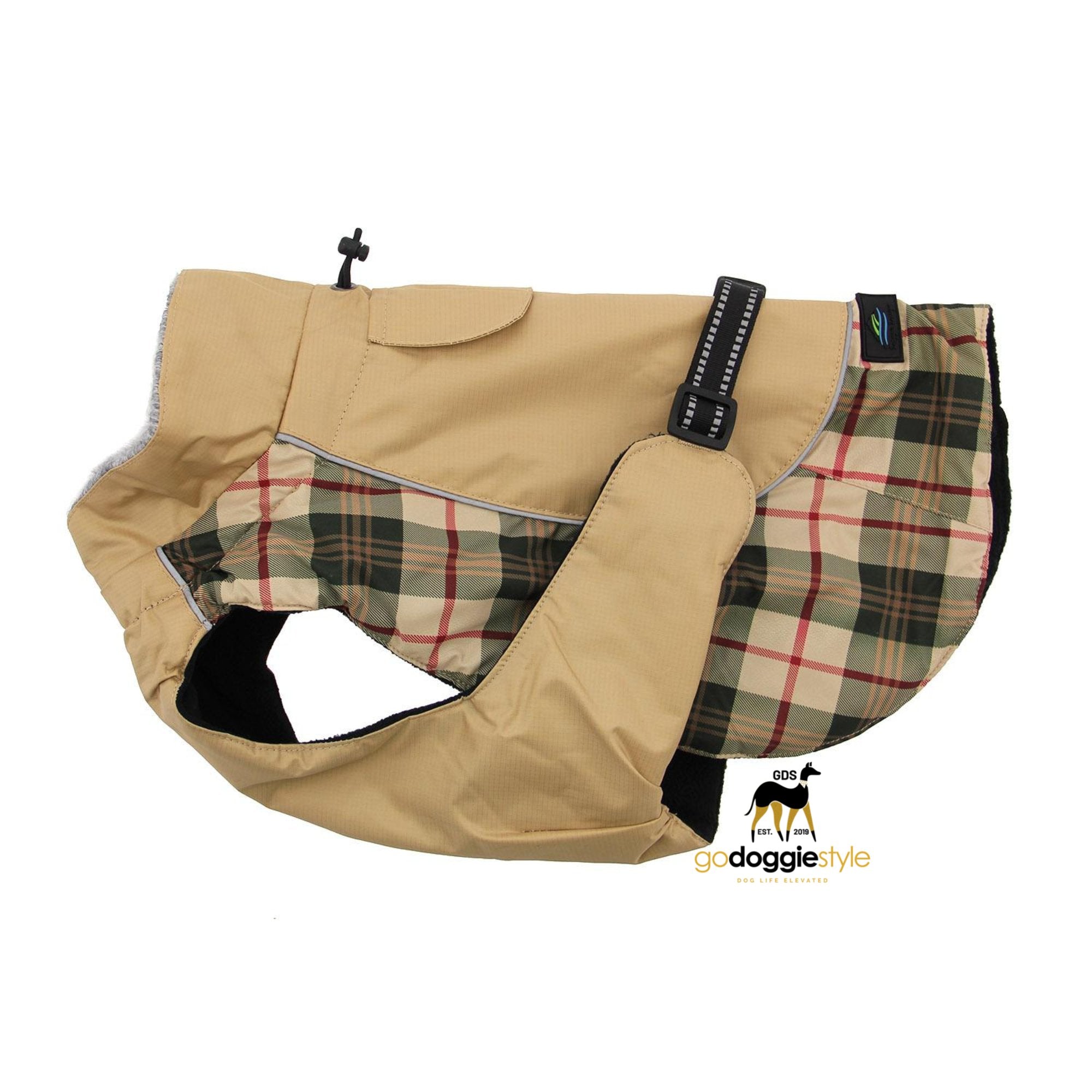 Alpine All-Weather Waterproof Dog Coat - Beige Plaid - Warm Fleece Lined Winter Dog Coat Jacket - Sizes XS to 5XL - Dogs 3 to 150 lbs - godoggiestyle