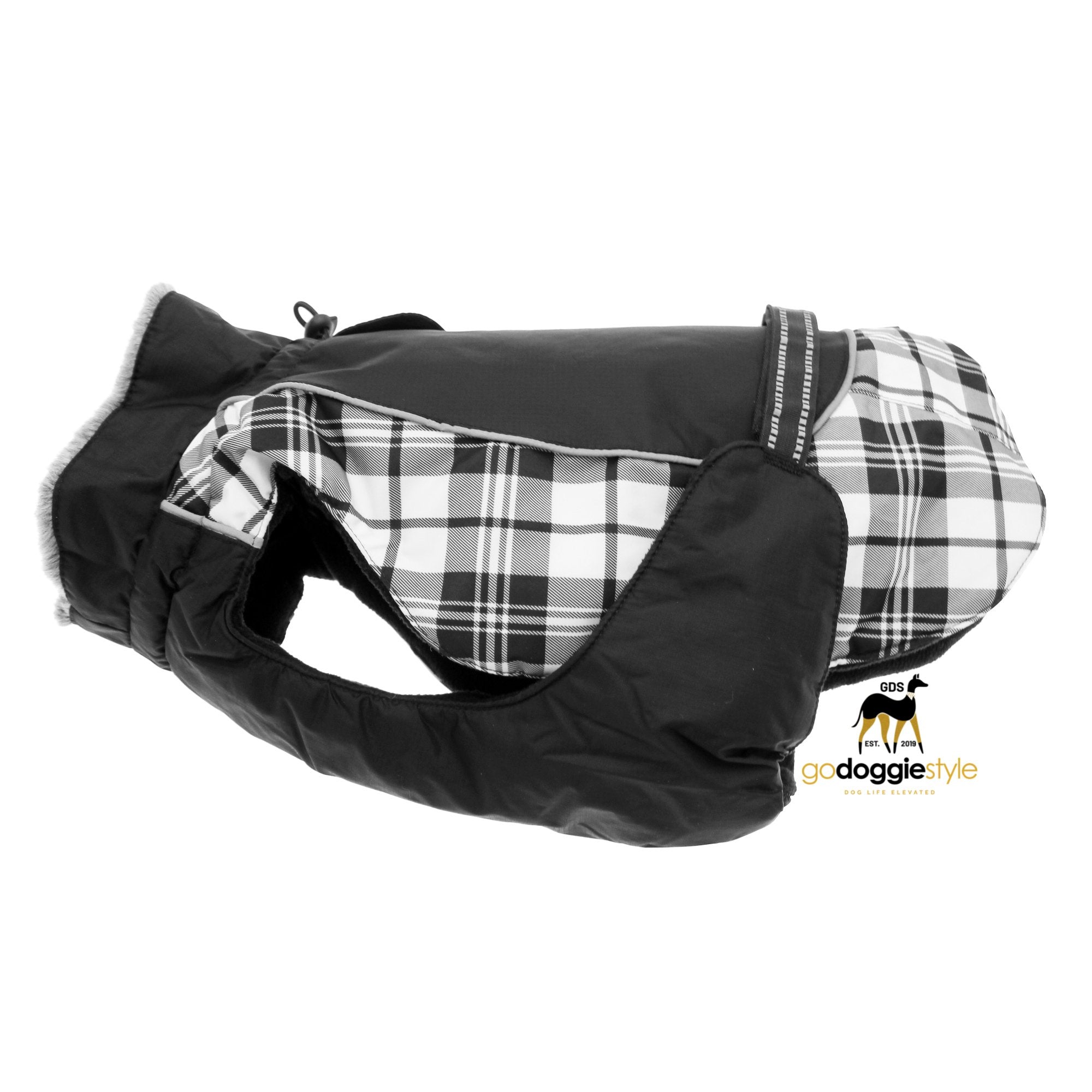 Alpine All-Weather Waterproof Dog Coat - Black & White Plaid - Warm Fleece Lined Winter Dog Coat Jacket - Sizes XS to 5XL - Dogs 3 to 150 lb - godoggiestyle