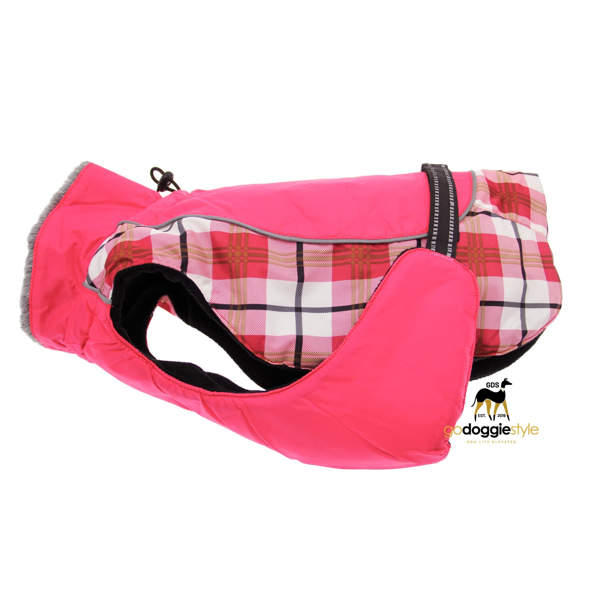 Alpine All-Weather Waterproof Dog Coat - Raspberry Plaid - Warm Fleece Lined Winter Dog Coat Jacket - Sizes XS to 5XL - Dogs 3 to 150 lbs - godoggiestyle