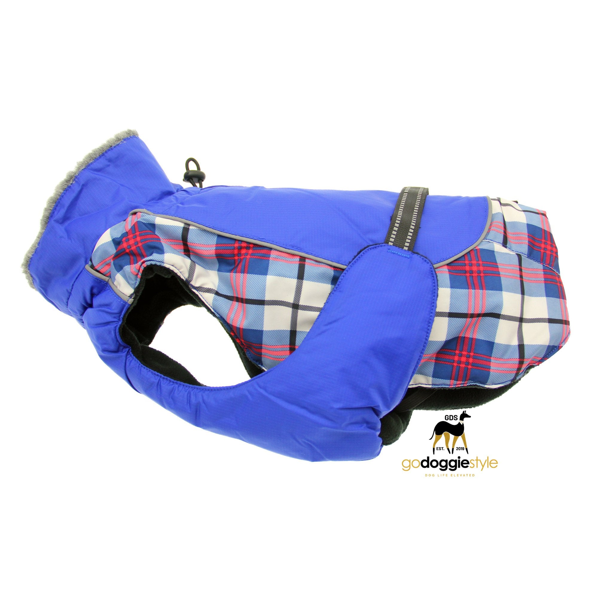 Alpine All-Weather Waterproof Dog Coat - Royal Blue Plaid - Warm Fleece Lined Winter Dog Coat Jacket - Sizes XS to 5XL - Dogs 3 to 150 lbs - godoggiestyle