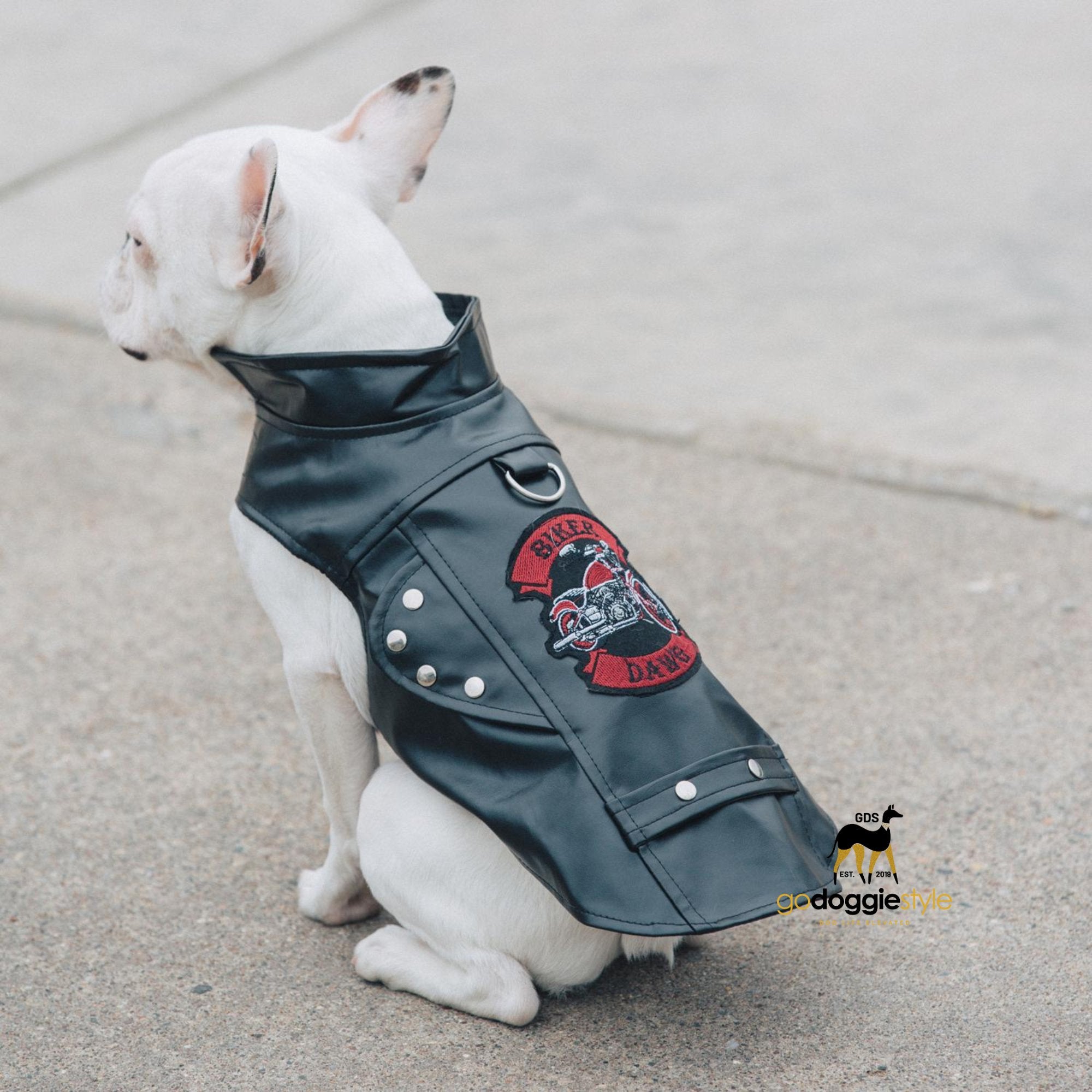 Biker Dawg Faux Leather Motorcycle Dog Jacket - Black - Vintage Embroidery Design - Dog Vest With D-Ring Leash Attachment - XS to 3XL - godoggiestyle