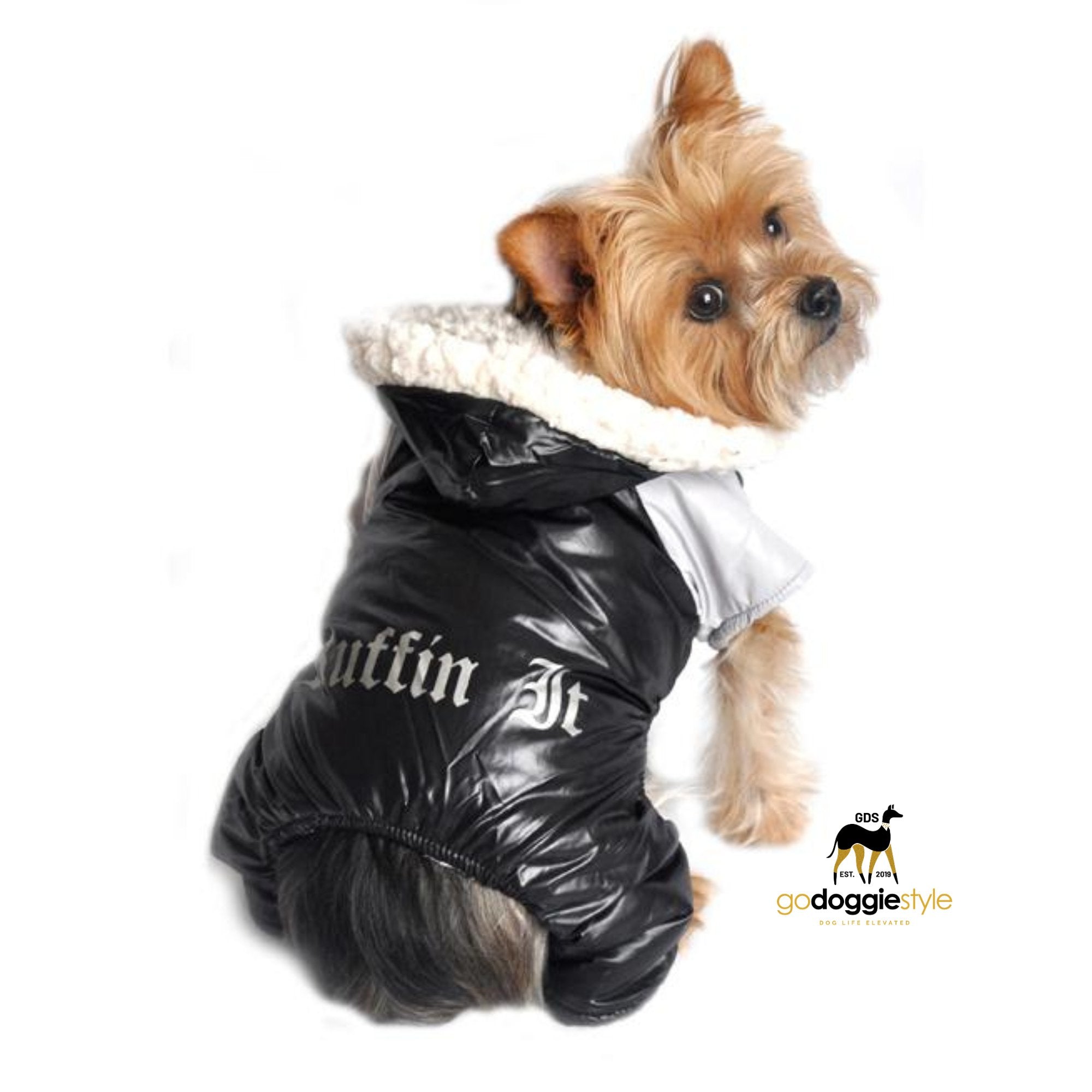 Black & Grey Ruffin It Dog Sherpa Lined Snow Suit Harness - Warm Dog Jacket - Fleece - Water Repellent Dog Coat - XS to L - Up to 25 lbs - godoggiestyle