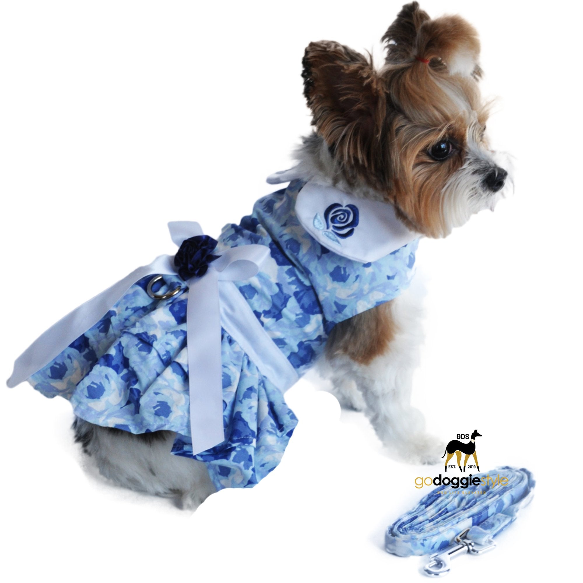 Blue Rose Harness Dress with Matching Leash - Spring Summer Dog Dress - Flower Dog Dress With Bow & Embroidery - XS to XL - 3 to 30 lbs - godoggiestyle