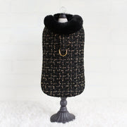 Chantel Tweed Luxury Couture Dog Harness Coat (Black) - Faux Fur Lining - Small Breed Dog Coat - Adjustable Velcro Straps With D-Ring - godoggiestyle