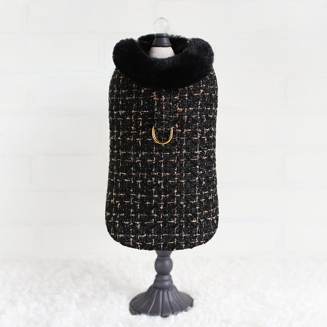 Chantel Tweed Luxury Couture Dog Harness Coat (Black) - Faux Fur Lining - Small Breed Dog Coat - Adjustable Velcro Straps With D-Ring - godoggiestyle