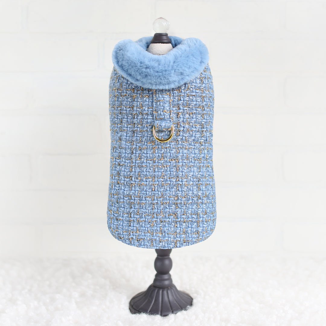 Chantel Tweed Luxury Couture Dog Harness Coat (Blue)-Faux Fur Lining-Small Breed Dog Coat-Adjustable Velcro Straps With D-Ring-godoggiestyle