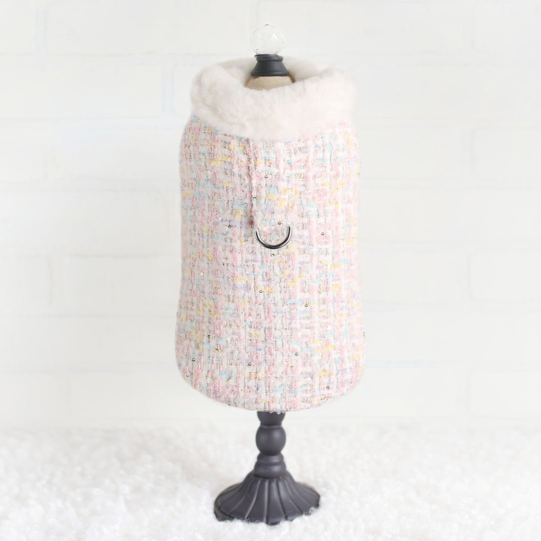 Chantel Tweed Luxury Couture Dog Harness Coat (Candy) - Faux Fur Lining - Small Breed Dog Coat - Adjustable Velcro Straps With D-Ring - godoggiestyle