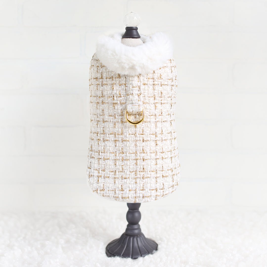 Chantel Tweed Luxury Couture Dog Harness Coat (Cream) - Faux Fur Lining - Small Breed Dog Coat - Adjustable Velcro Straps With D-Ring - godoggiestyle