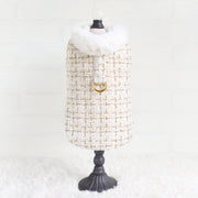 Chantel Tweed Luxury Couture Dog Harness Coat (Cream) - Faux Fur Lining - Small Breed Dog Coat - Adjustable Velcro Straps With D-Ring - godoggiestyle