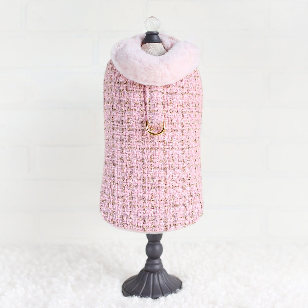Chantel Tweed Luxury Couture Dog Harness Coat (Pink)-Faux Fur Lining-Small Breed Dog Coat-Adjustable Velcro Straps With D-Ring-godoggiestyle