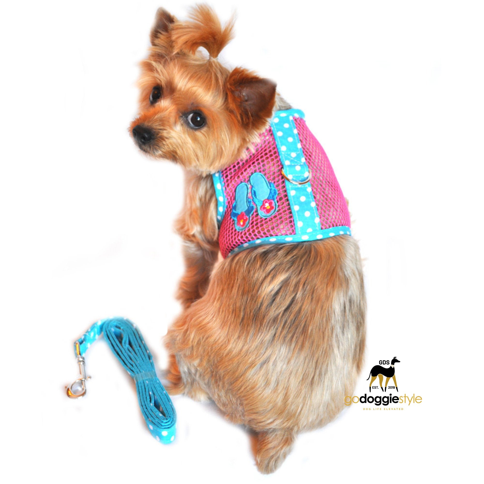 Cool Mesh Dog Harness Under the Sea Collection - Pink and Blue Flip Flop - Cool Mesh Netted Choke Free Adjustable Dog Harness For Dogs 3 to 20 Pounds - godoggiestyle