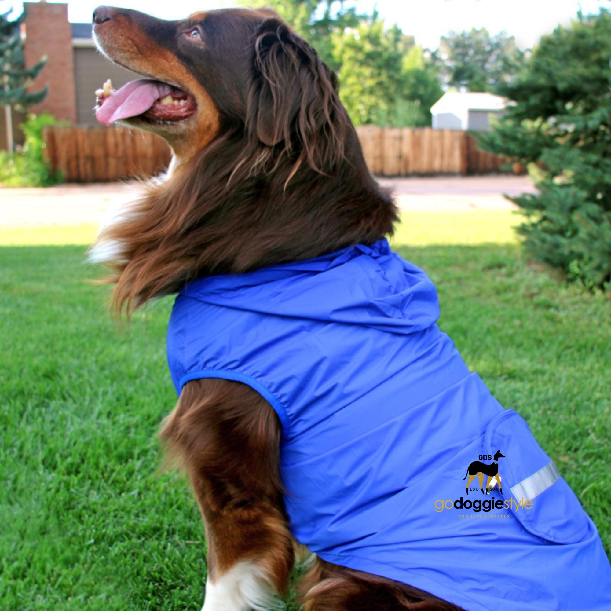 Dog Windbreaker Raincoat With Mesh Lining & Pocket-Blue-Lightweight Packable Waterproof-Leash Access Hole-Prevents Overheating-XS to 3XL-godoggiestyle
