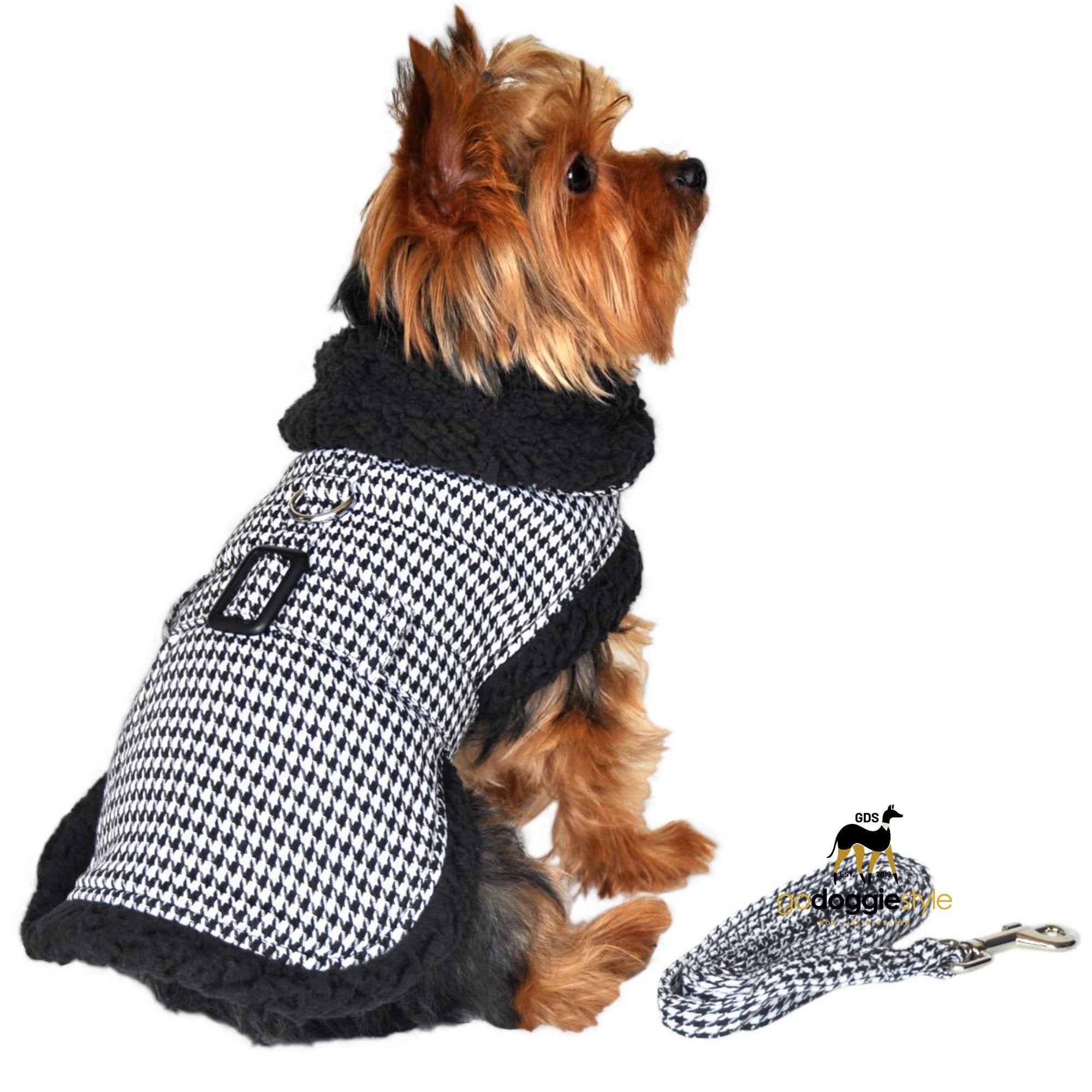 Fleece Sherpa-lined Warm Dog Harness Coat With Leash - Black and White Classic Houndstooth - Fall Winter Warm Dog Coat Jacket - XS - 2XL - 3 to 60 lbs - godoggiestyle