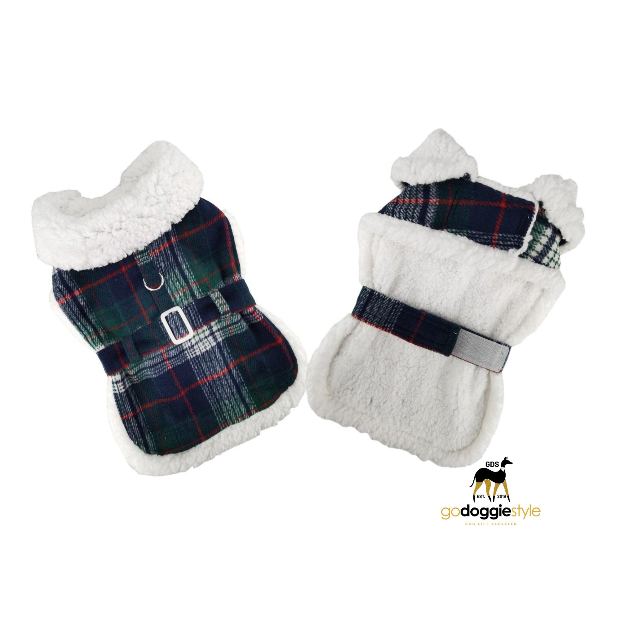 Fleece Sherpa-lined Warm Dog Harness Coat With Leash - Blue & Green Plaid - Fall Winter Warm Dog Coat Jacket - XS - 2XL - 3 to 60 lbs - godoggiestyle