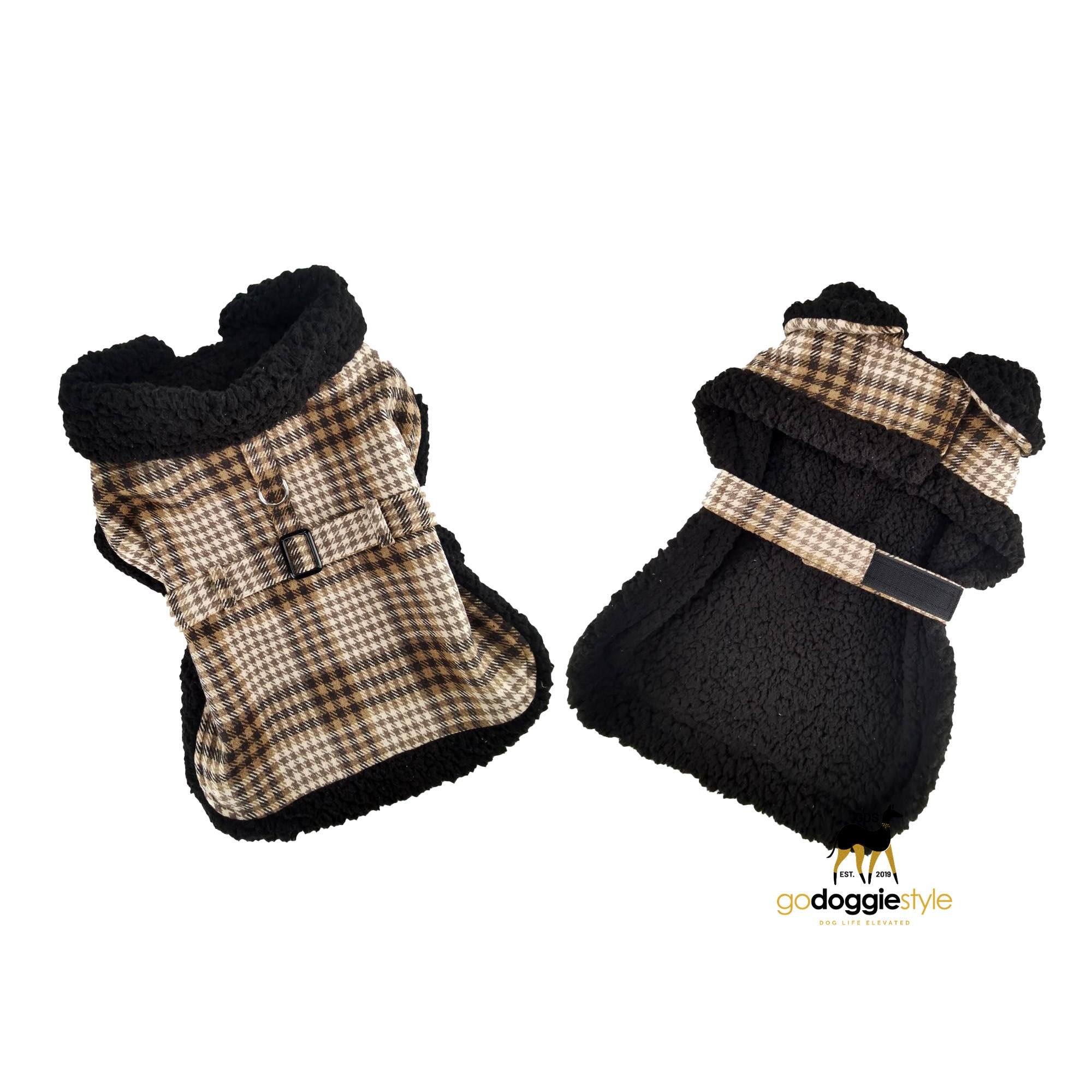 Fleece Sherpa-lined Warm Dog Harness Coat With Leash - Brown & White Plaid - Fall Winter Warm Dog Coat Jacket - XS - 2XL - 3 to 60 lbs - godoggiestyle