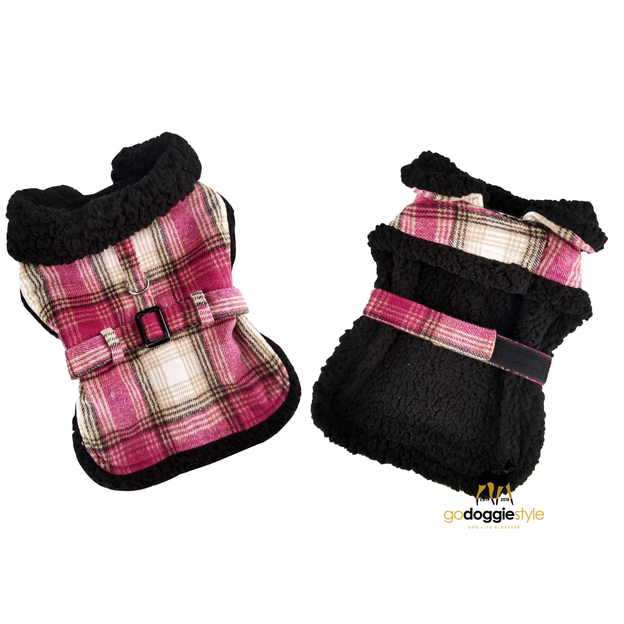 Fleece Sherpa-lined Warm Dog Harness Coat With Leash - Hot Pink & Tan Plaid - Fall Winter Warm Dog Coat Jacket - XS - 2XL - 3 to 60 lbs - godoggiestyle