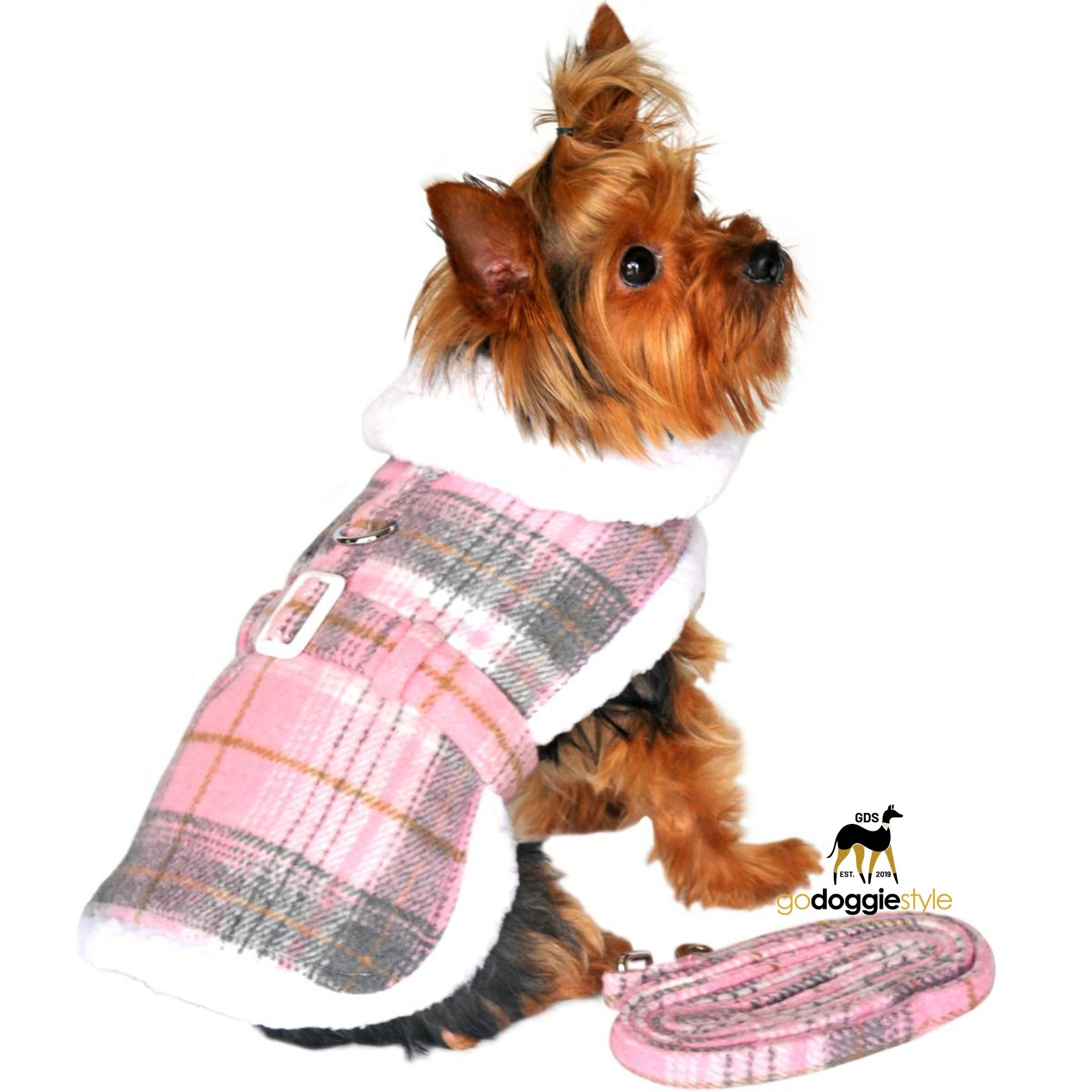 Fleece Sherpa-lined Warm Dog Harness Coat With Leash - Pink & White Plaid - Fall Winter Warm Dog Coat Jacket - XS - 2XL - 3 to 60 lbs - godoggiestyle