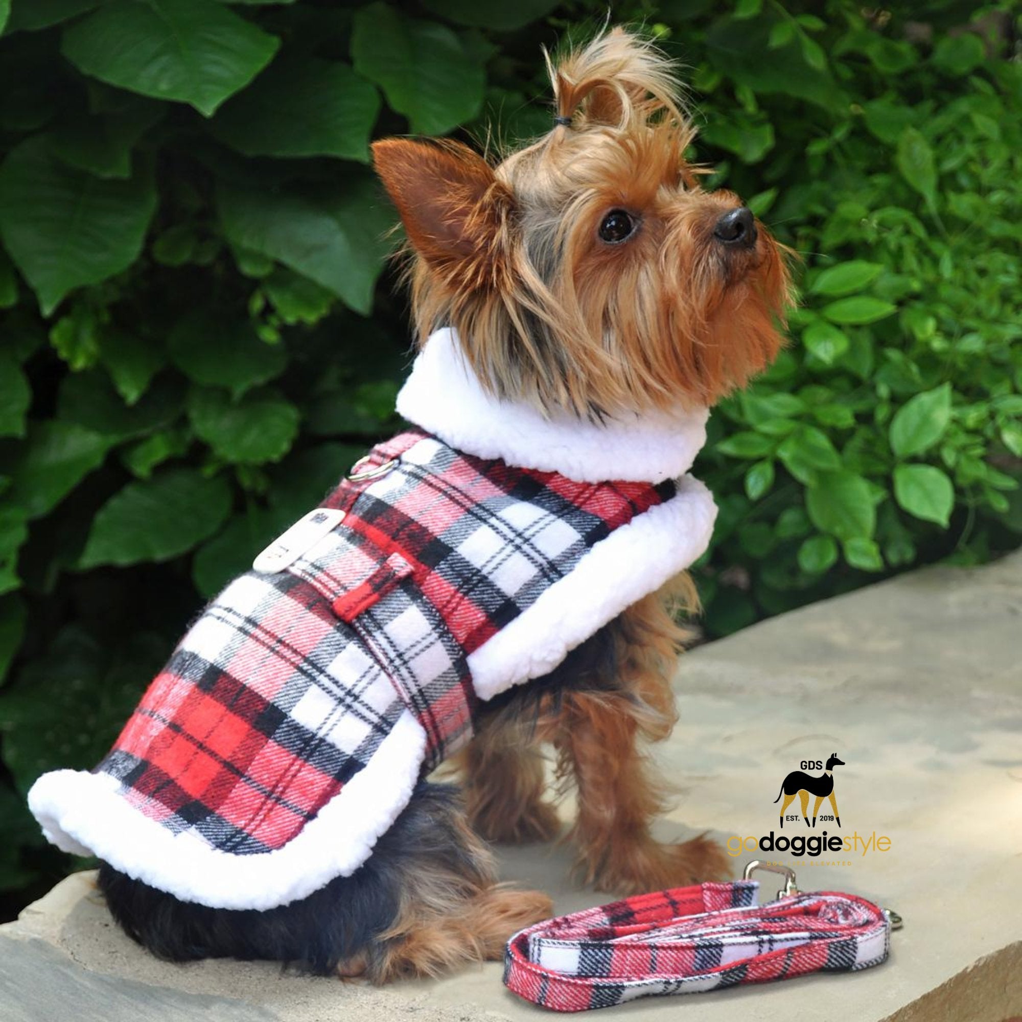Fleece Sherpa-lined Warm Dog Harness Coat With Leash Red White Plaid Fall Winter Warm Dog Coat Jacket XS 2XL to 60 lbs