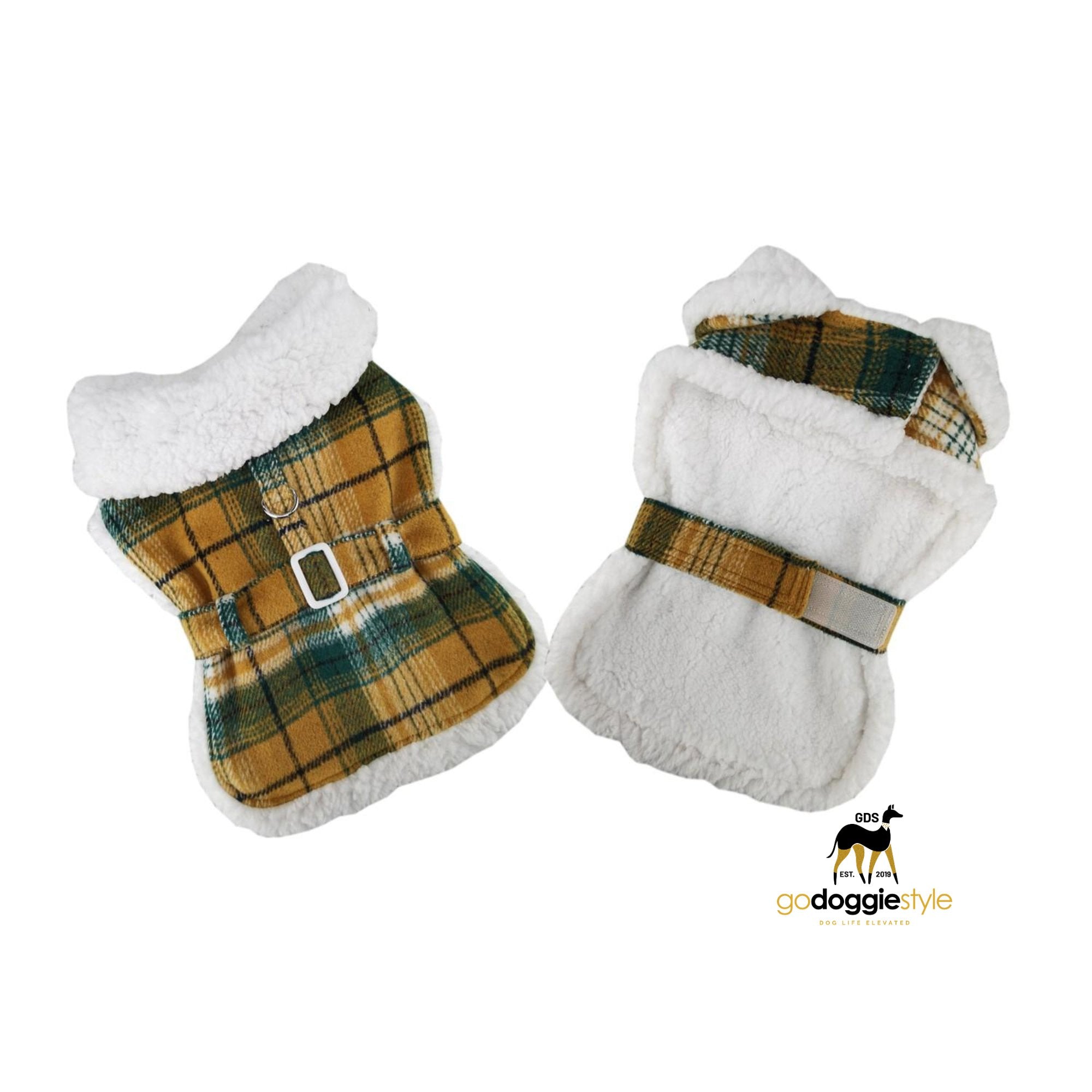 Fleece Sherpa-lined Warm Dog Harness Coat With Leash - Yellow Plaid - Fall Winter Warm Dog Coat Jacket - XS - 2XL - 3 to 60 lbs - godoggiestyle