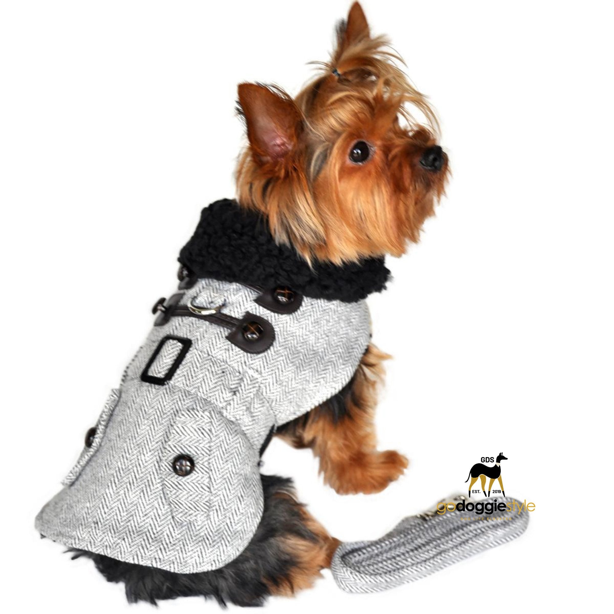 Fleece Sherpa-lined Wool Blend Warm Dog Harness Coat With Leash - Grey Herringbone - Fall Winter Warm Dog Coat Jacket - XS - 2XL - 3 to 60 lbs - godoggiestyle