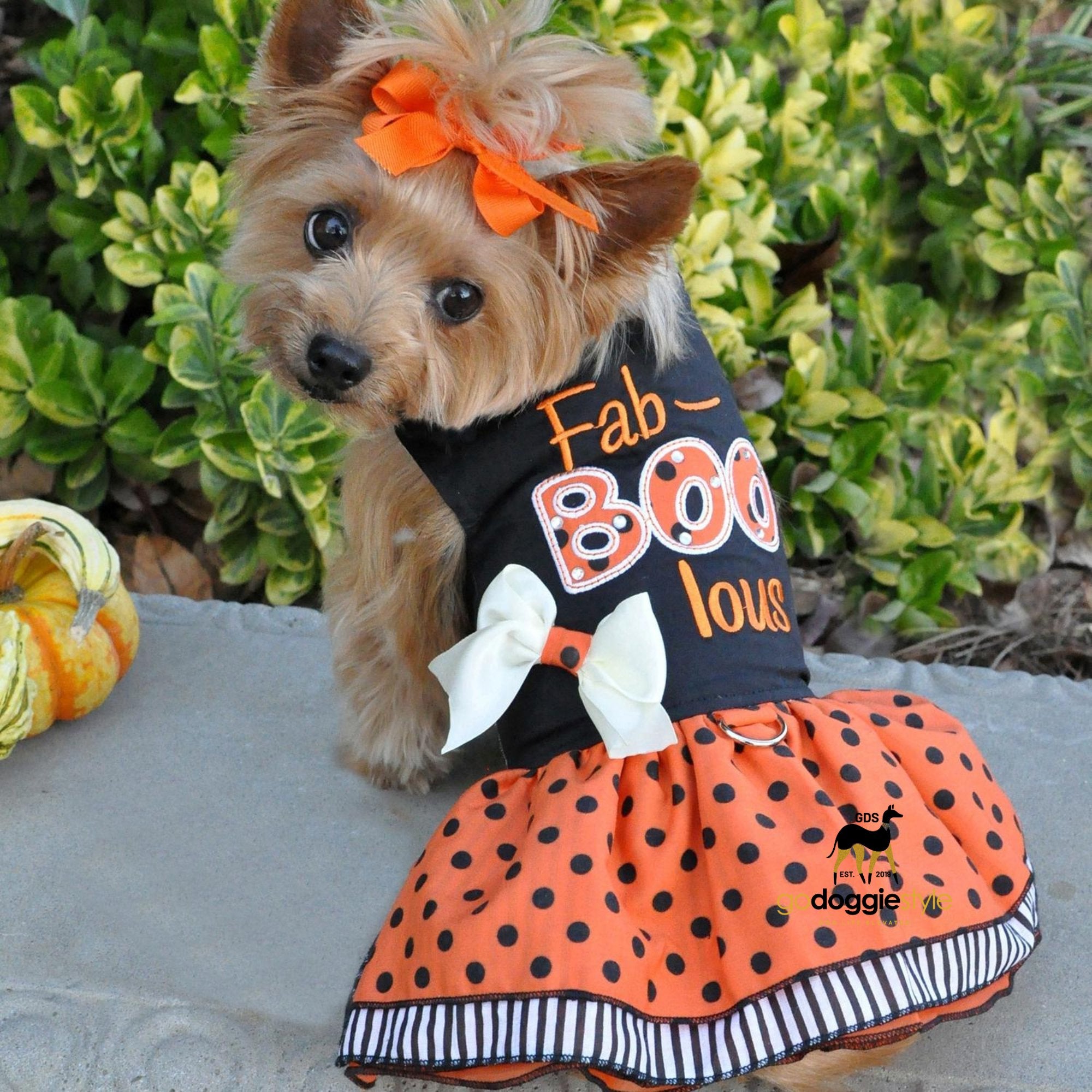 Halloween Dog Harness Dress With Leash - Fab-BOO-lous Embroidery - Fall Holiday Dog Dress - Orange With Black Polka-Dots - Cute Bow - XS to L - 3 to 25 lbs - godoggiestyle